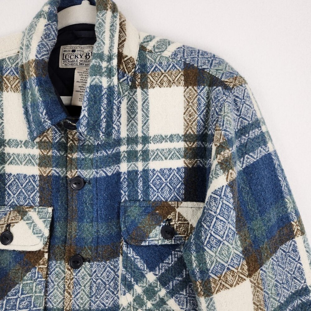 Lucky Brand Jacket Mens Medium Blue Plaid Wool Blend Button Front Shirt Shacket - Picture 2 of 15